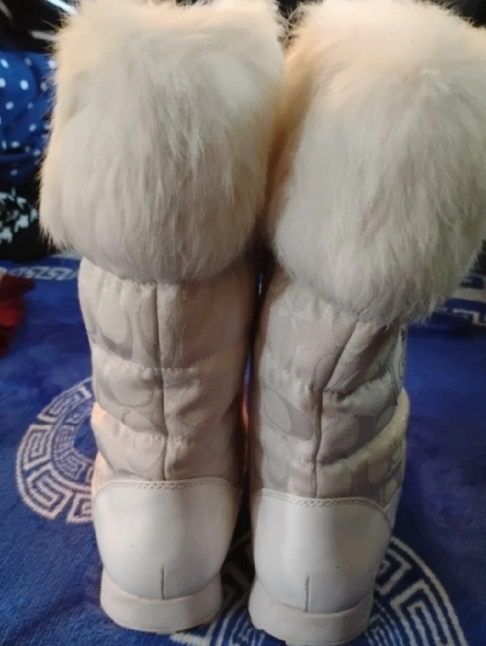Coach Cream Quilted Winter Boots with Faux Fur Cuff